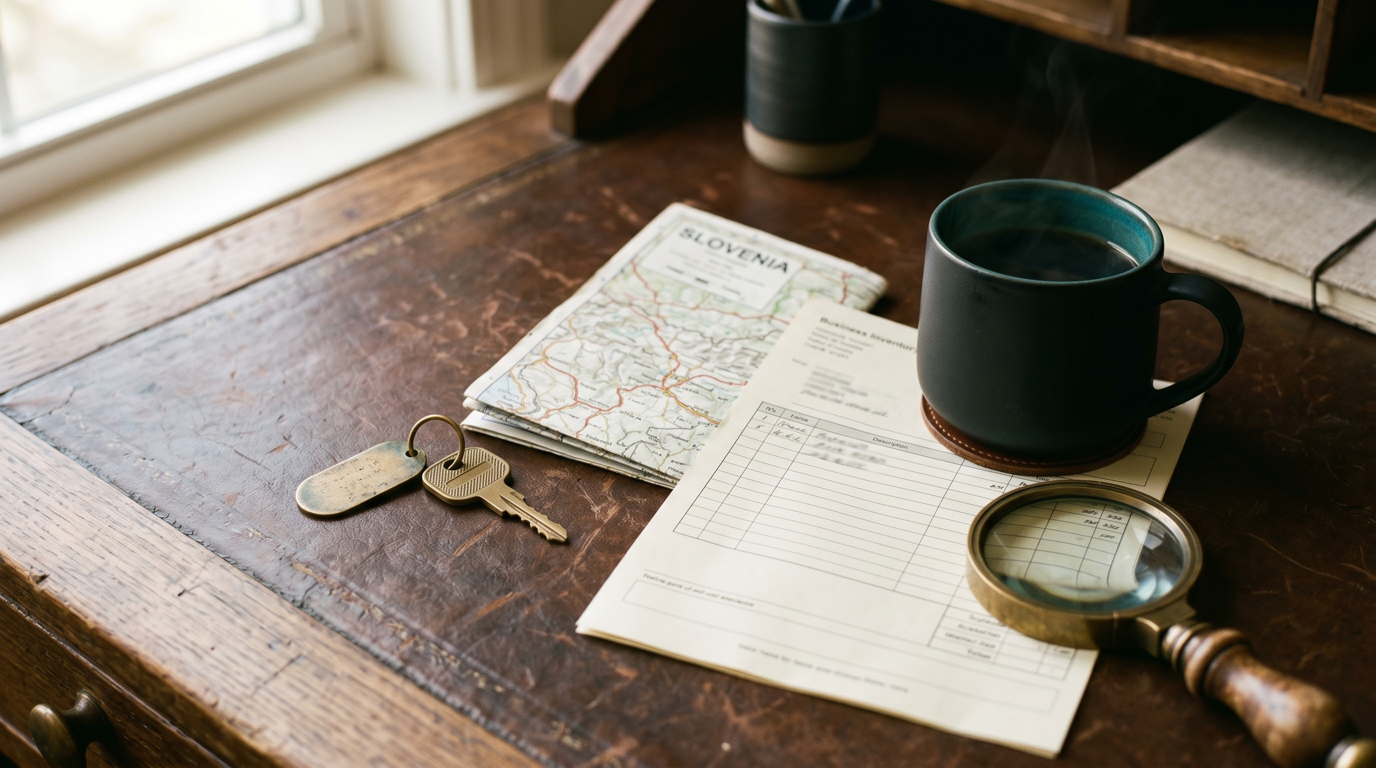 A still life on a leather-topped desk with brass car key, business invoice, ceramic coffee mug, and brass magnifying glass — evoking the family-business context of the dealership ERP project.