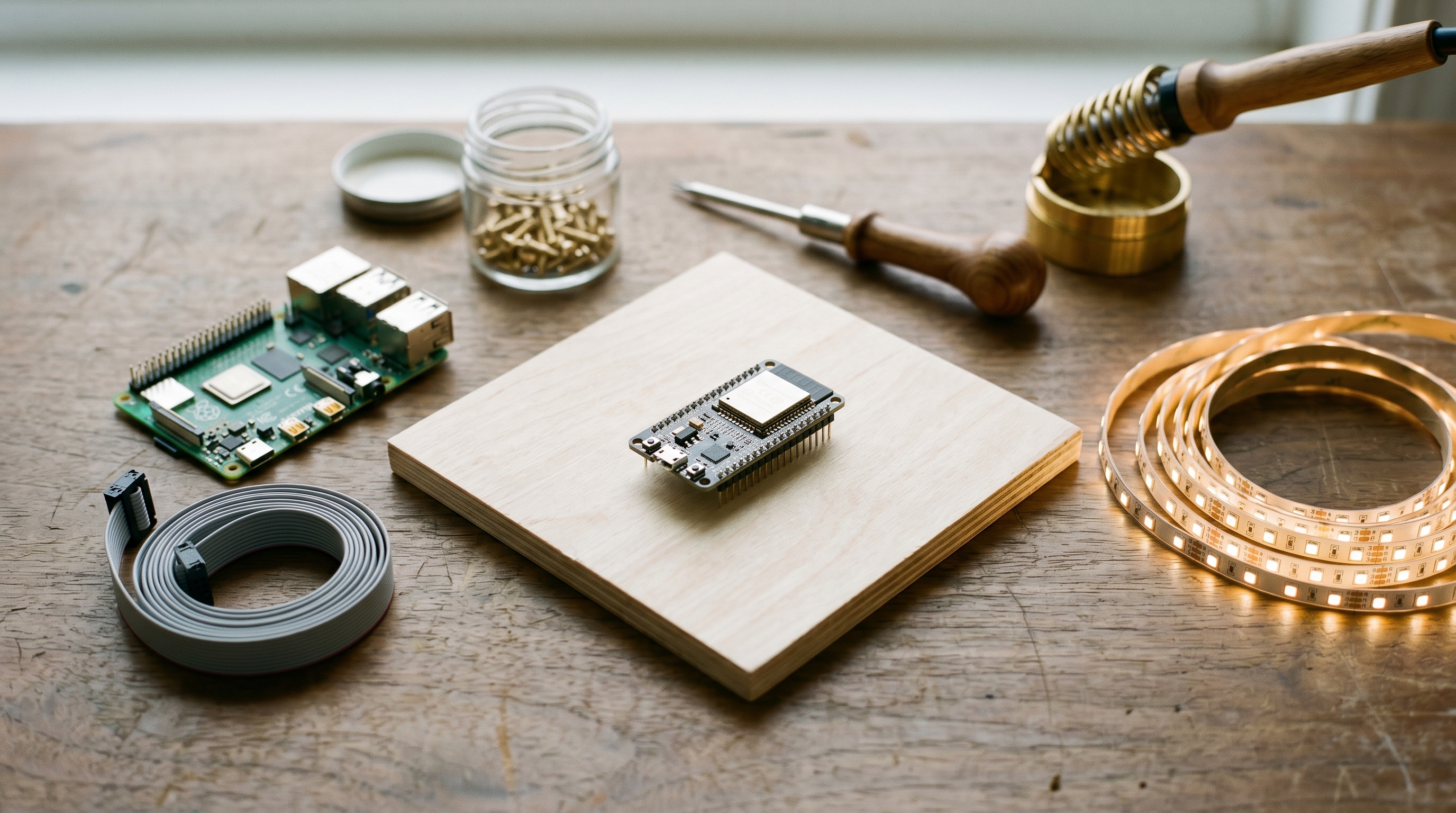 An editorial still life of an ESP32 development board, Raspberry Pi 4, a coil of warm-white LED strip, and a precision screwdriver arranged on a workbench — representing the hardware projects.