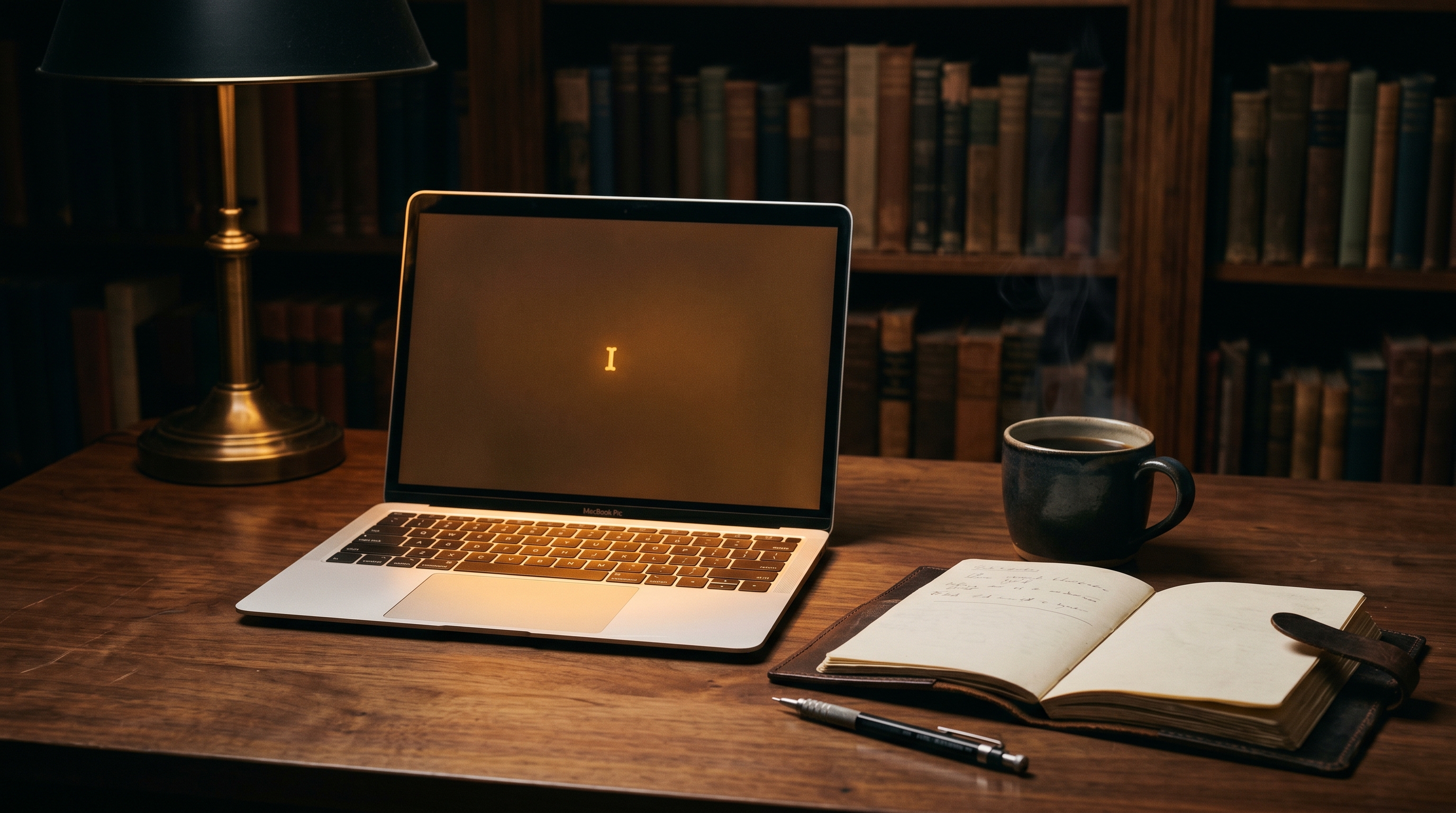 A small 1U enterprise server in a half-height open rack on a walnut desk, with neatly routed cables and a brass desk lamp providing soft warm light — evoking the home lab.